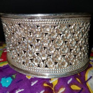 Wide heavy solid sterling handmade Karen Hill Tribe cuff bracelet flowers